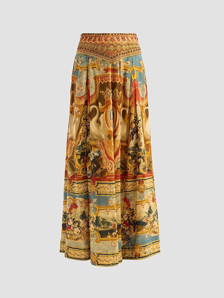 Women's Corset Waist Linen-Silk Maxi Skirt - Lifes Rich Tapestry - Size XL