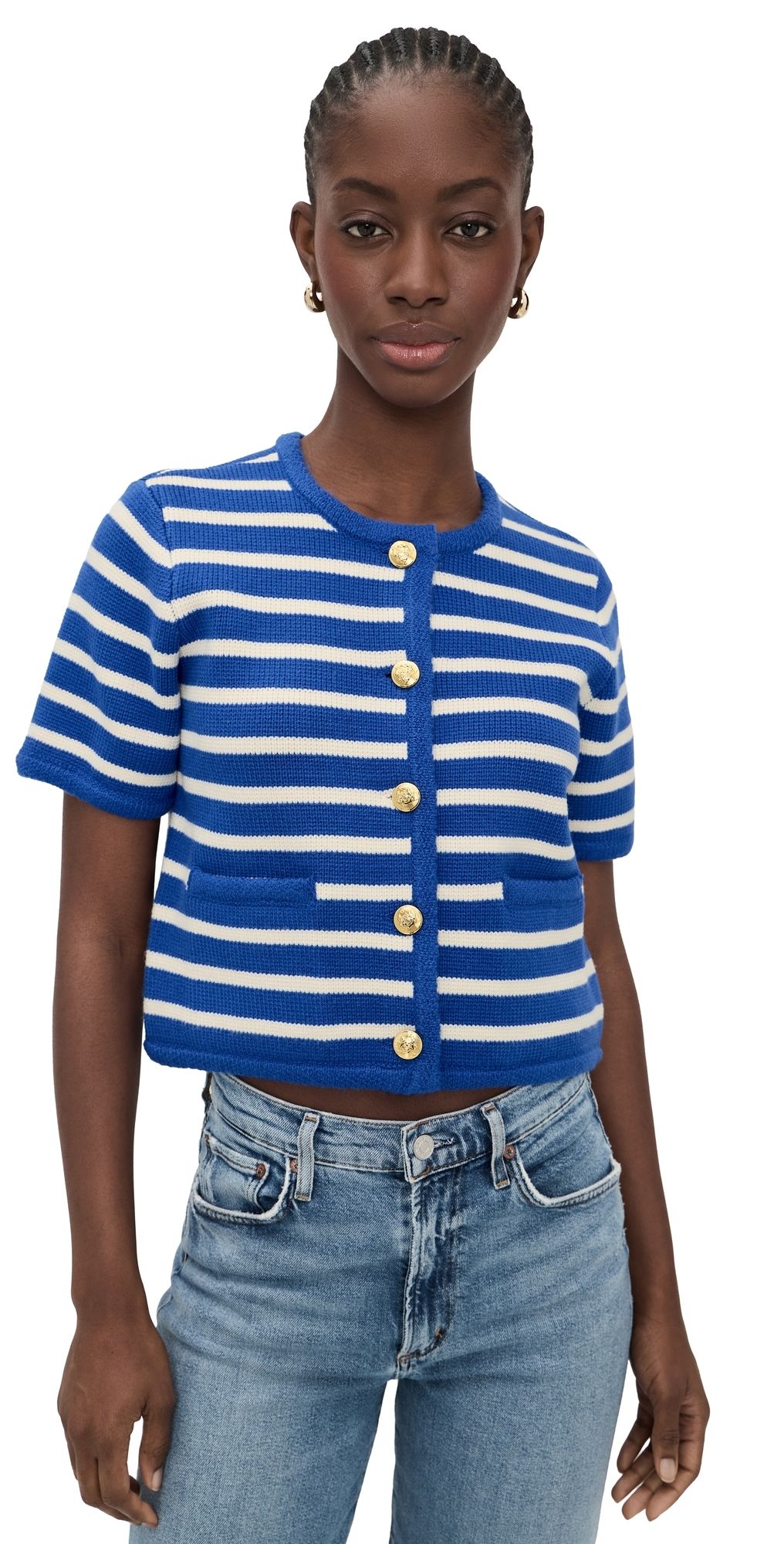 English Factory Knit Striped Sweater Cardigan Blue/Ivory XL