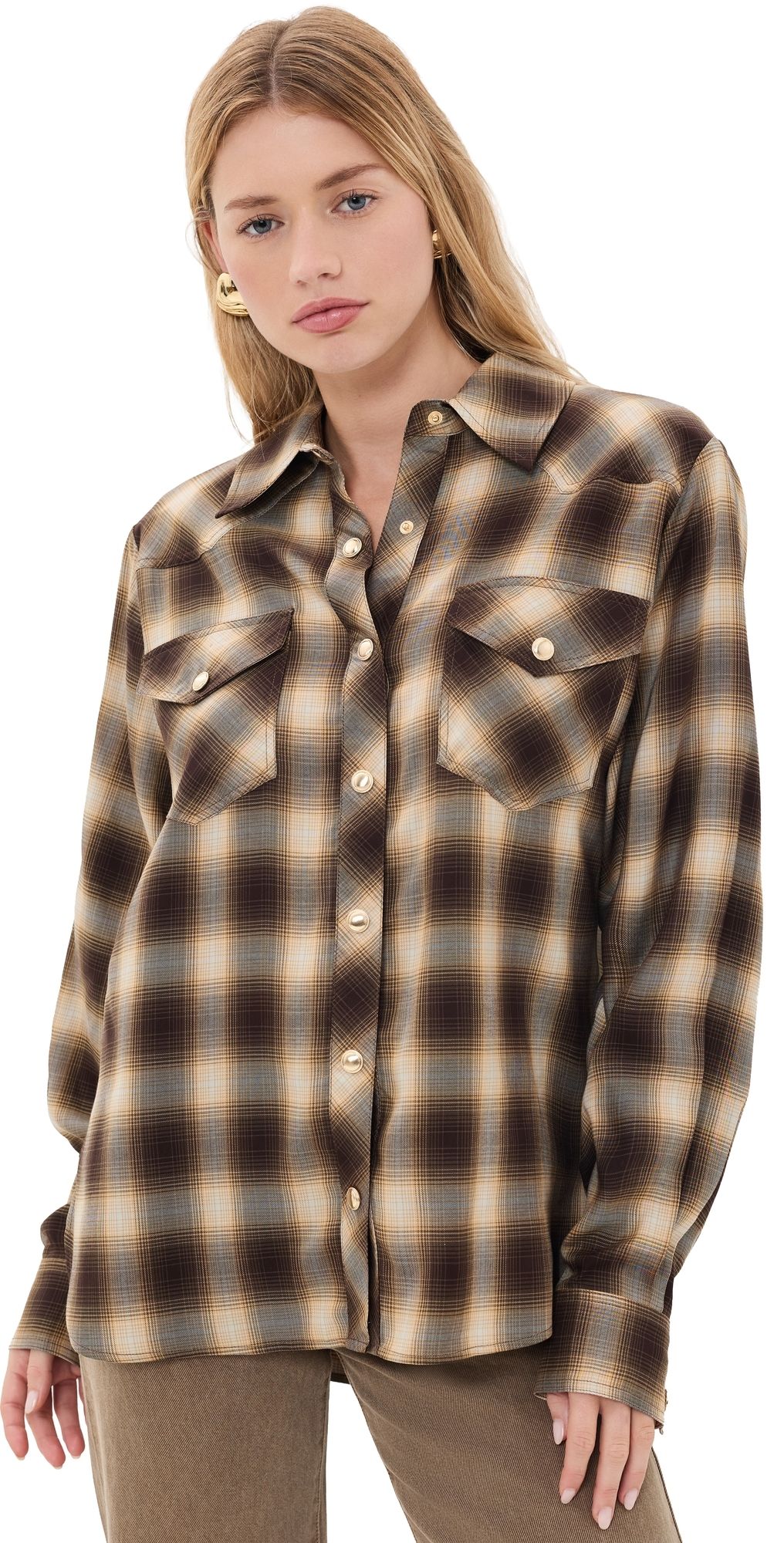 Ronny Kobo Tatie Button Down Shirt Brown Multi S