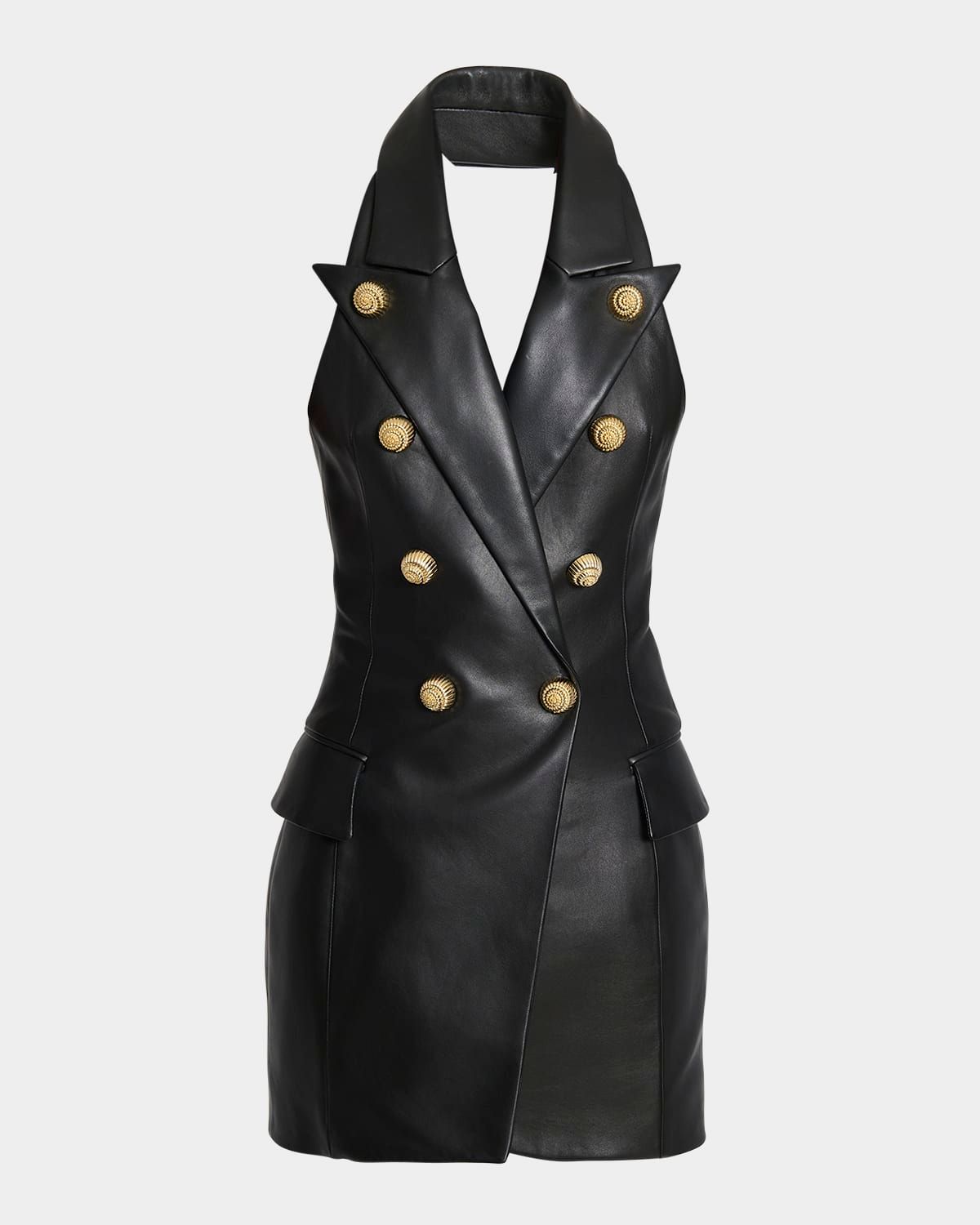 Halter-Neck Tailored Lambskin Leather Mini Dress