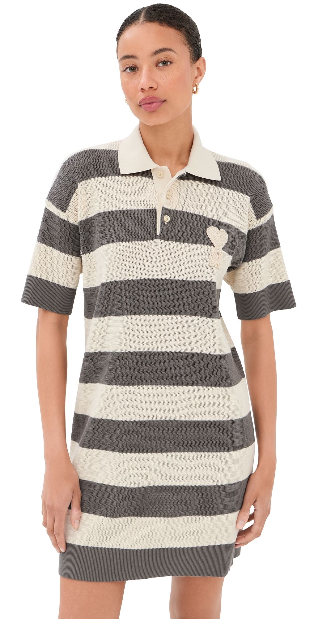 AMI Short Sleeves Polo Dress with Ami De Coeur Patch Blanc Crème/Carbone M