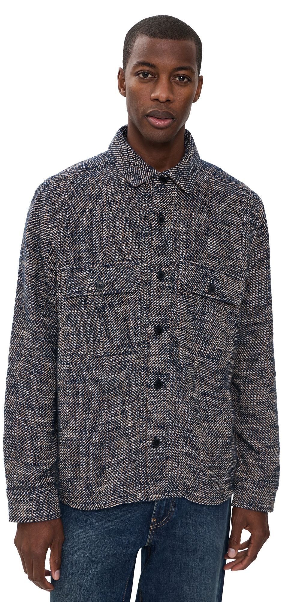 Billy Reid Herringbone CPO Overshirt Carbon Blue Multi S
