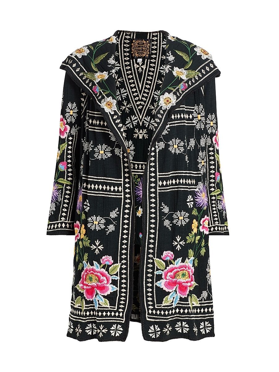 Women's Biya Embroidered Open-Front Duster - Black - Size XL