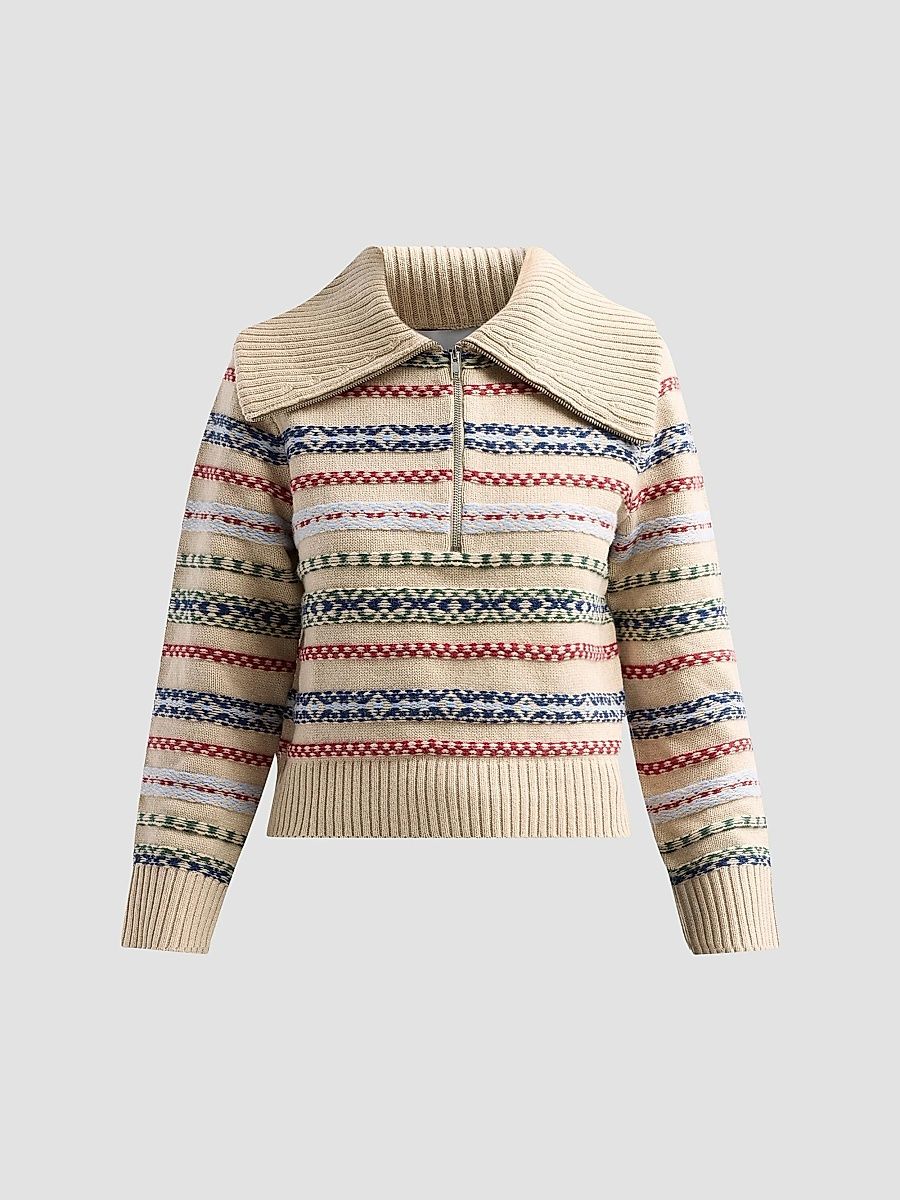 Women's Everest Half-Zip Knitted Top - Oat Combo - Size Medium