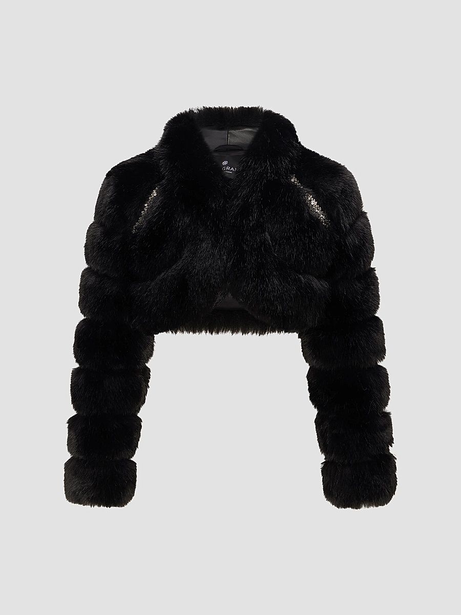 Lyla Grant Women's Faux Fur Fox Bolero Coat with Rhinestones - Black - Size XS