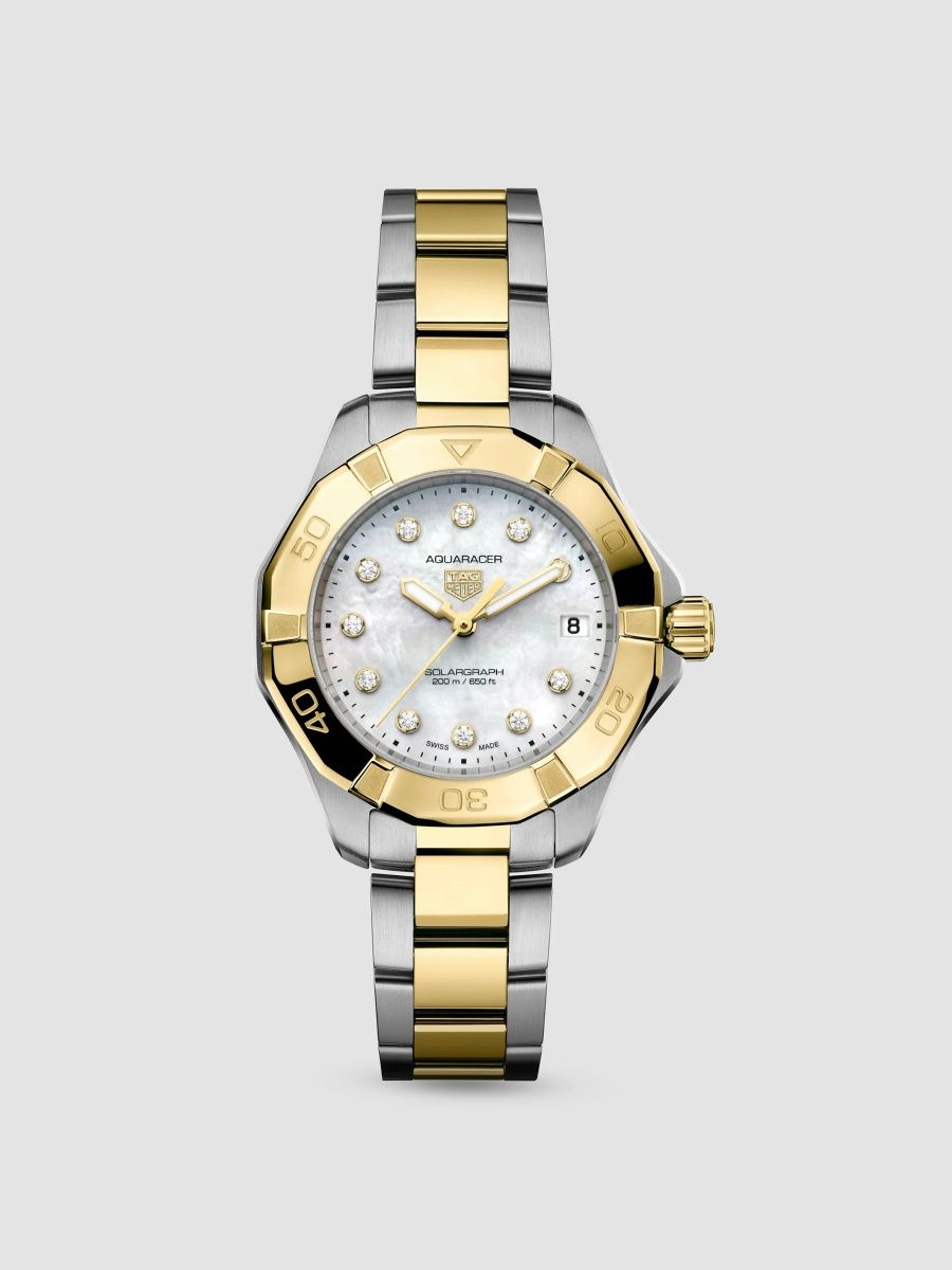 TAG Heuer Women's Aquaracer Professional 200 Solargraph Stainless Steel, 18K-Gold-Plated, 0.15 TCW Diamond, & Mother-Of-Pearl Bracelet Watch/34MM - Two Tone