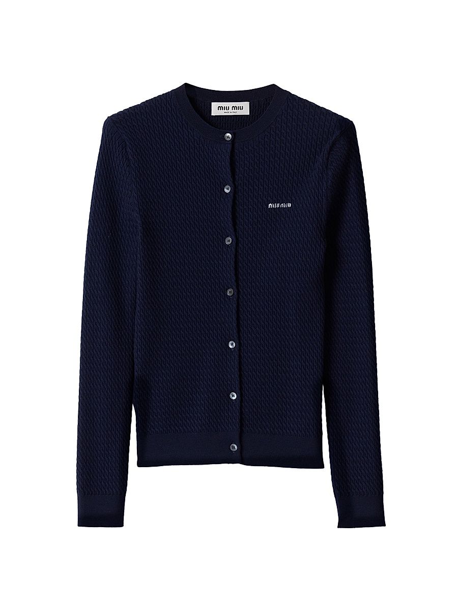 Women's Cable-Knit Cashmere and Silk Cardigan - Blue - Size 10