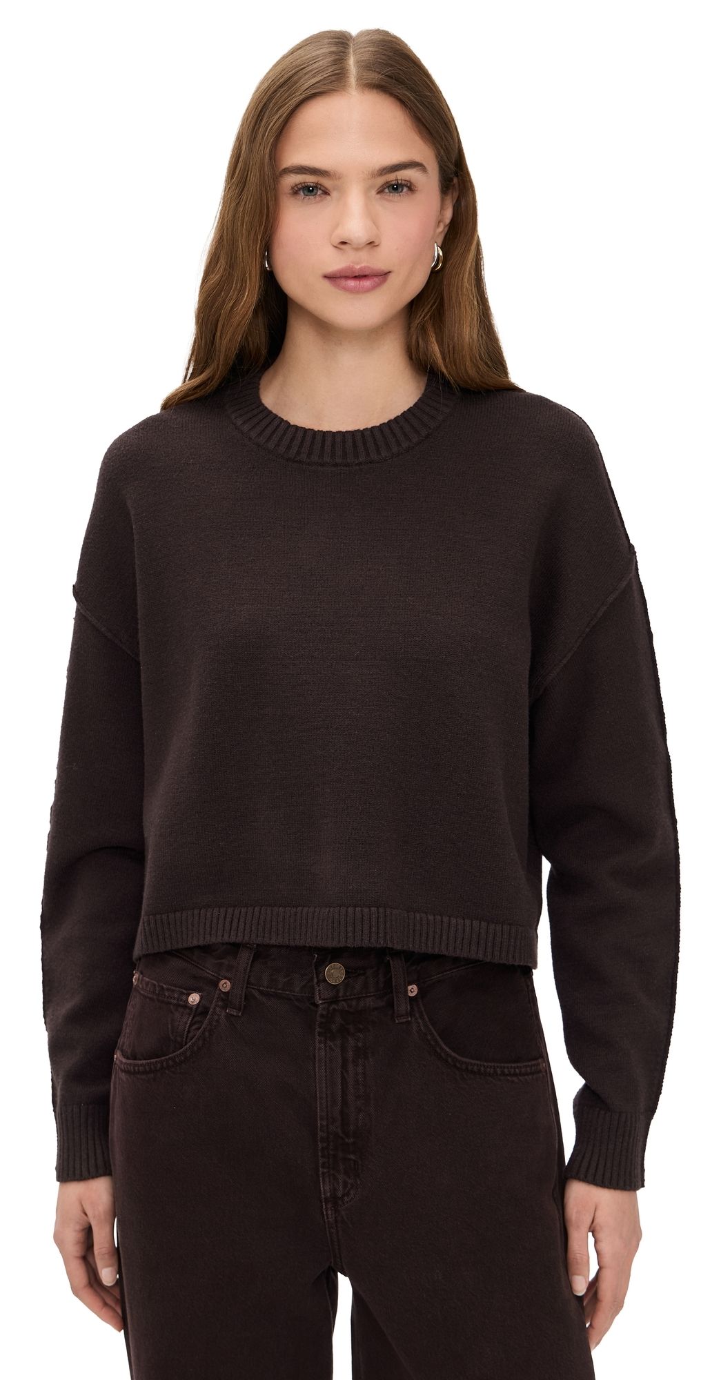 Good American Cozy Knit Crew Neck Sweatshirt Bark003 L