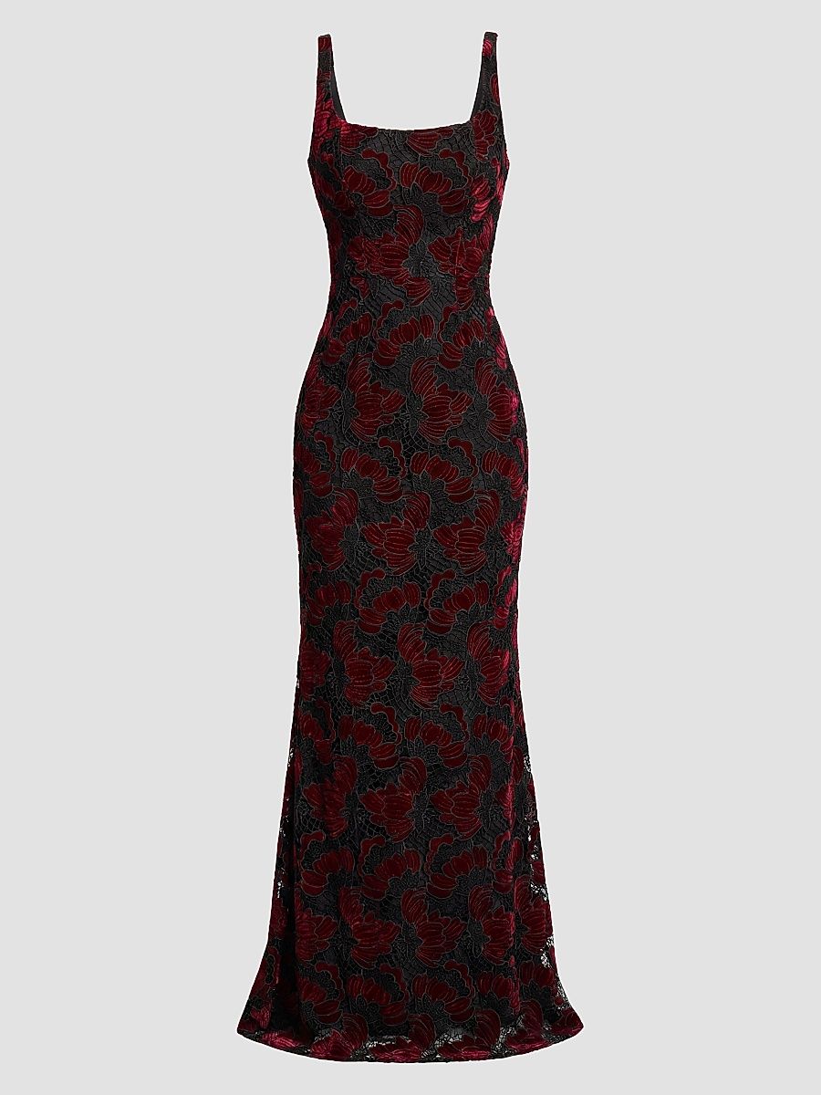 Women's Lorena Velvet-Trimmed Lace Mermaid Gown - Burgundy Multi - Size XXS