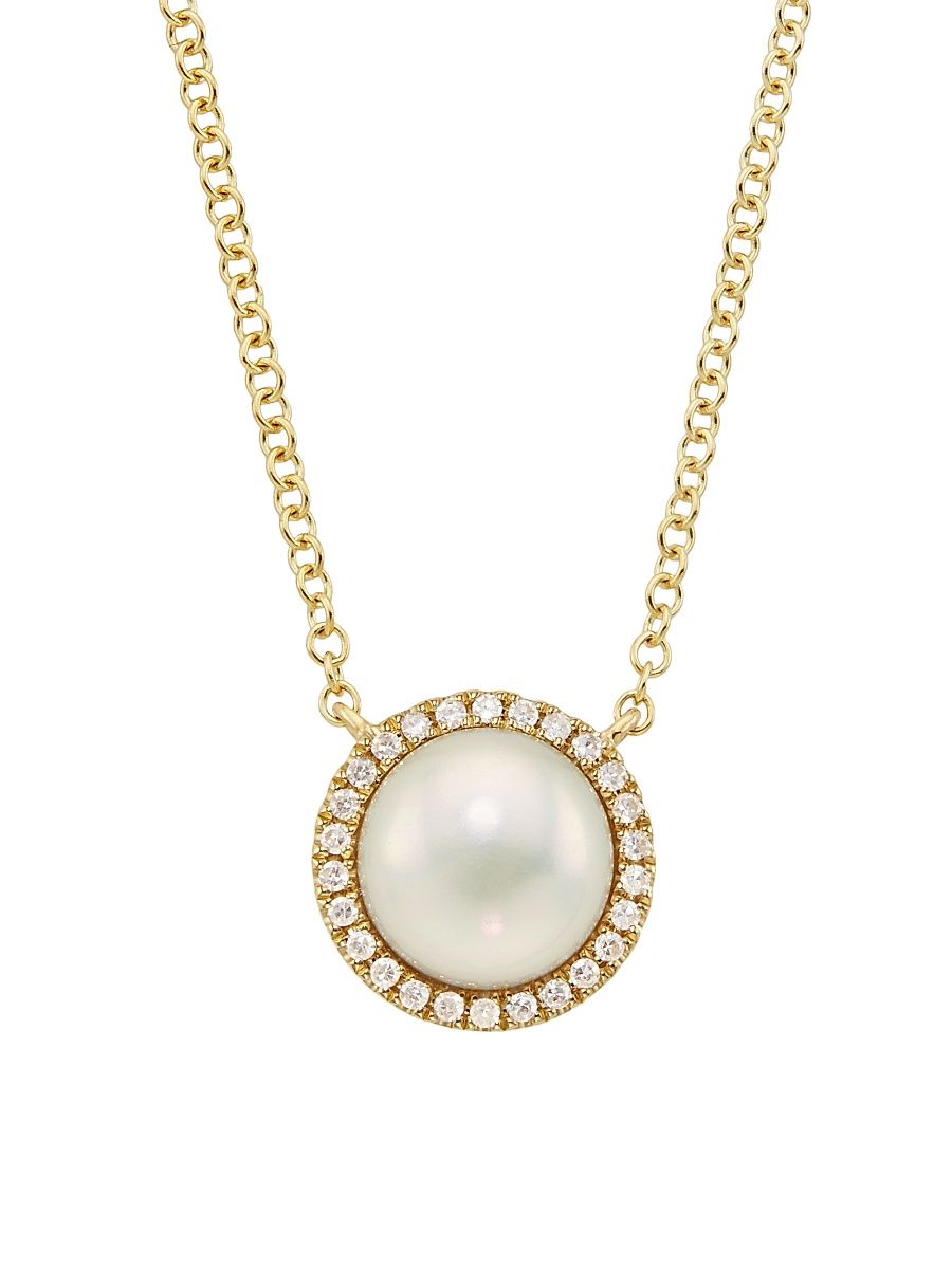 Women's 14K Yellow Gold, Cultured Freshwater Pearl & 0.08 TCW Diamond Halo Pendant Necklace - Gold