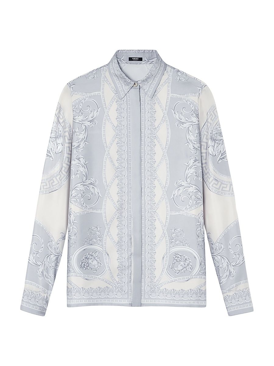 Women's Coupe Des Dieux Barocco Foulard Silk Twill Shirt - Silver Grey Champagne - Size 10