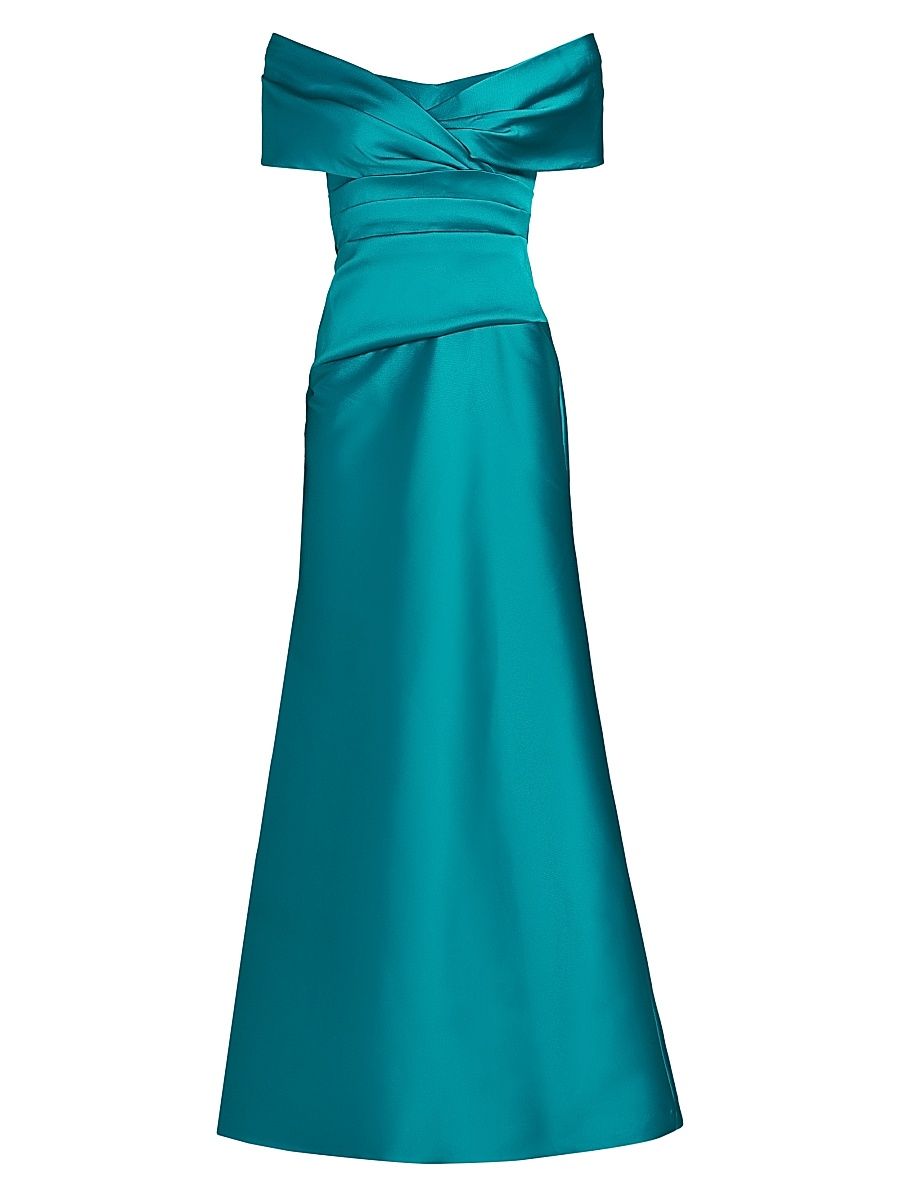 Women's Ruched Off-The-Shoulder A-Line Gown - Teal - Size 12