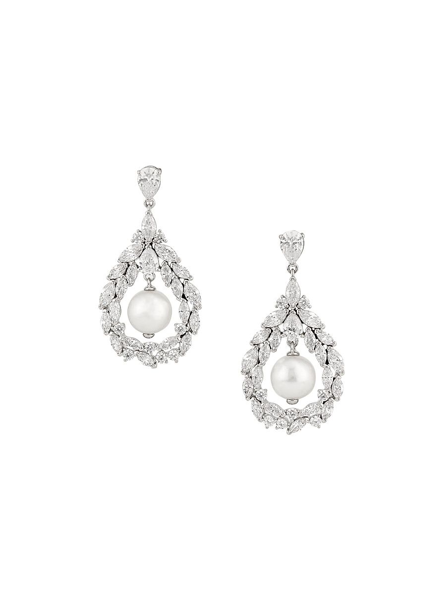 Women's Anna Rhodium-Plated, Freshwater Pearl & Cubic Zirconia Wreath Drop Earrings - Silver