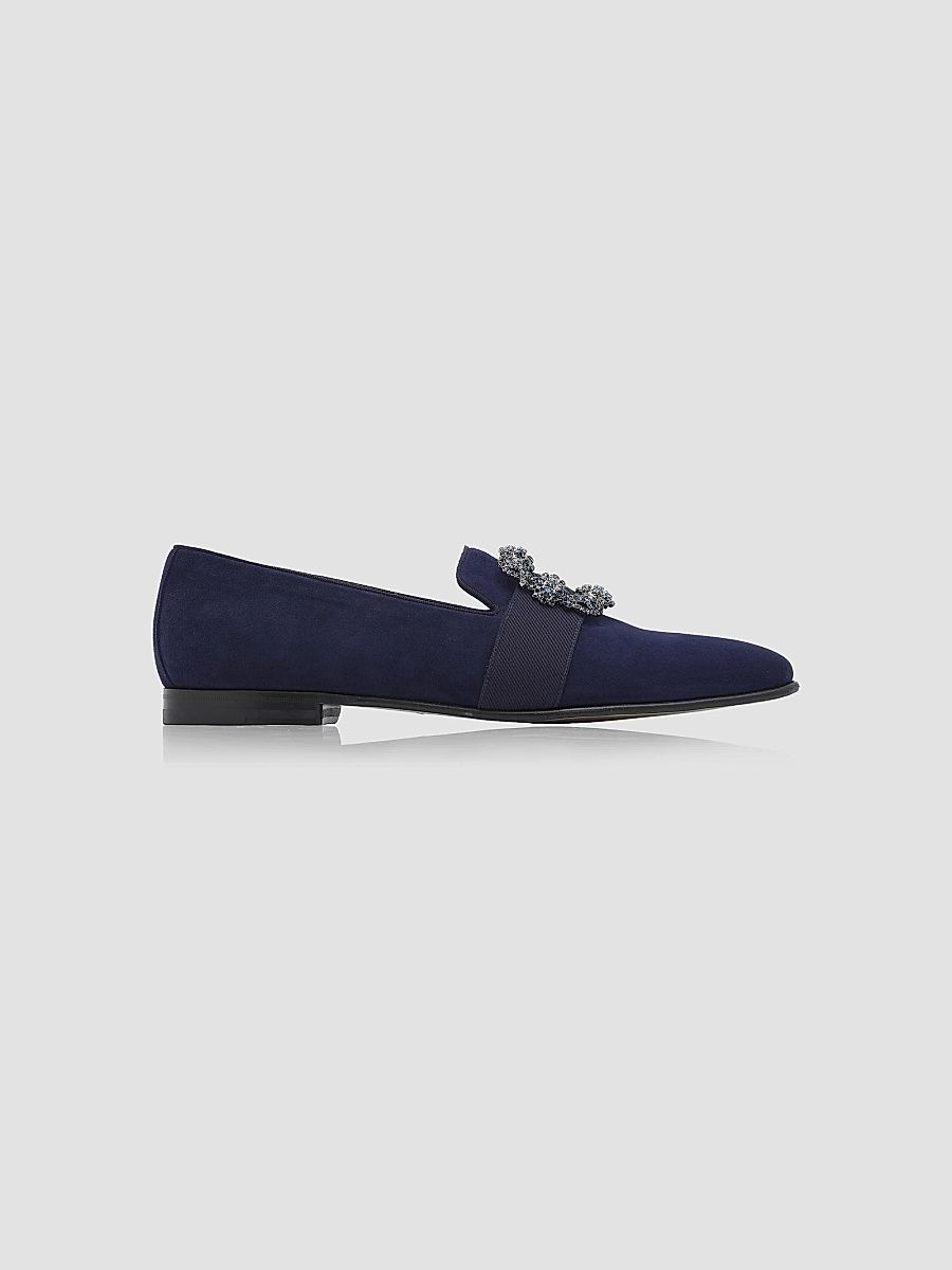 Manolo Blahnik Men's Carlton Crystal-Buckle Loafers - Navy - Size 8
