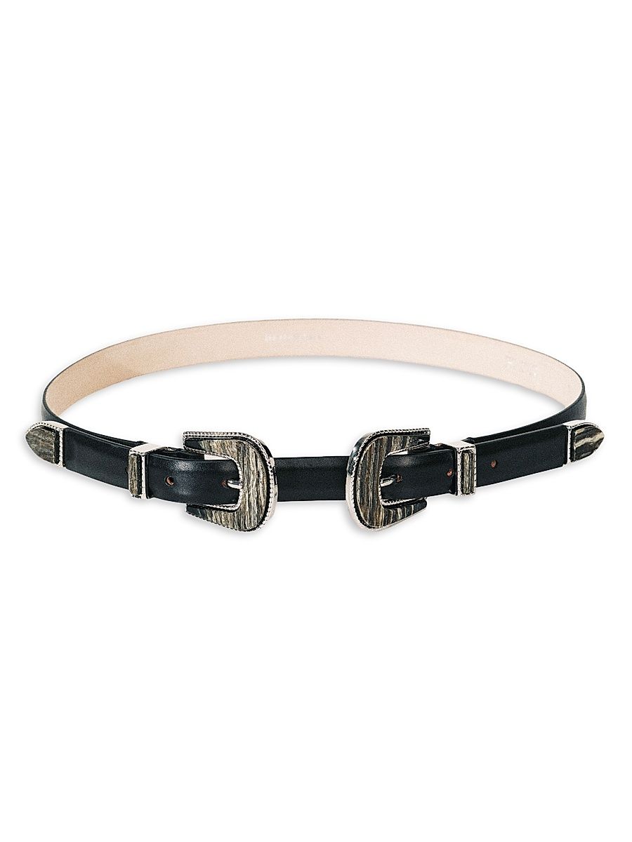 Women's Resort Travertine Double-Buckle Leather Belt - Black Onyx Inlay And Silver - Size XS