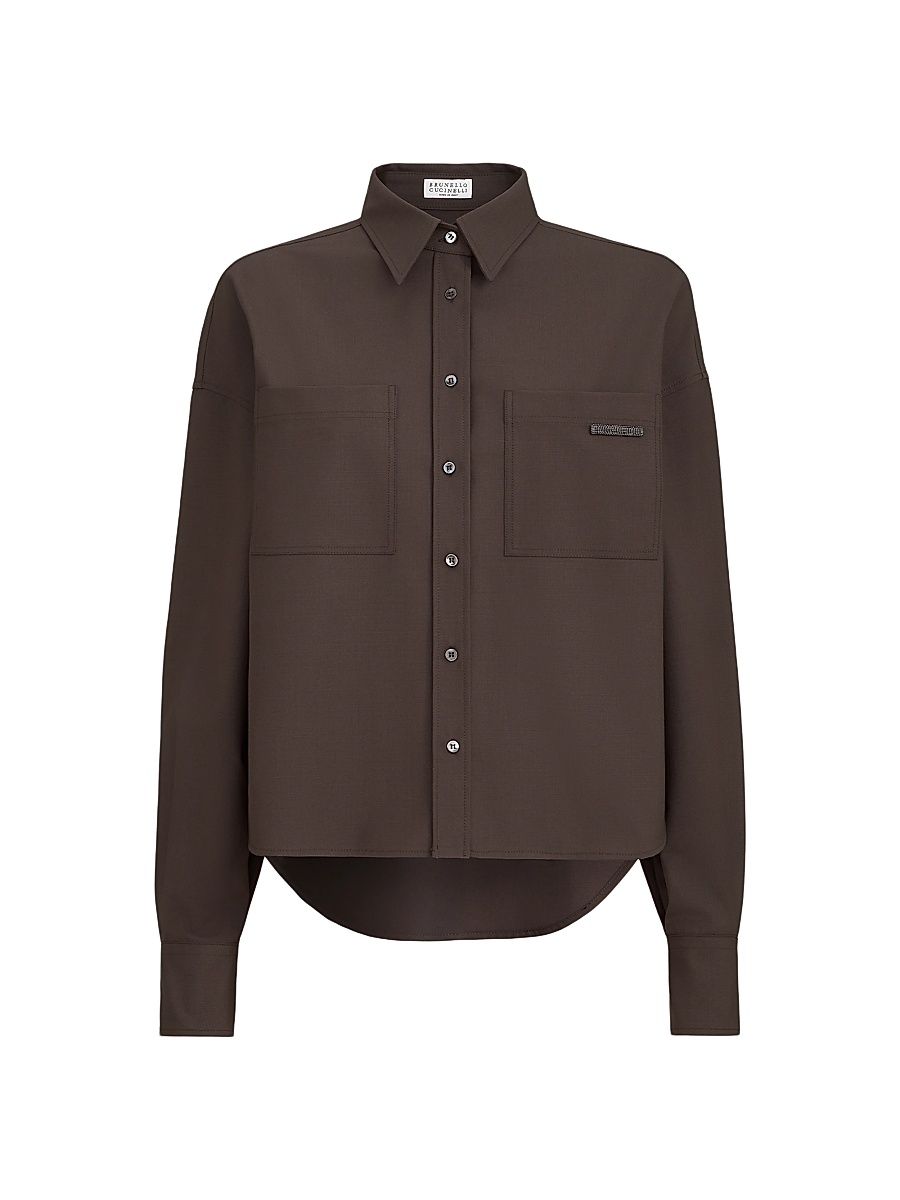 Women's Tropical Luxury Wool Shirt with Shiny Tab - Brown - Size Large