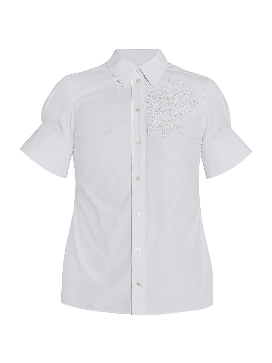 Women's Floral Appliqué Cotton Shirt - White - Size 10