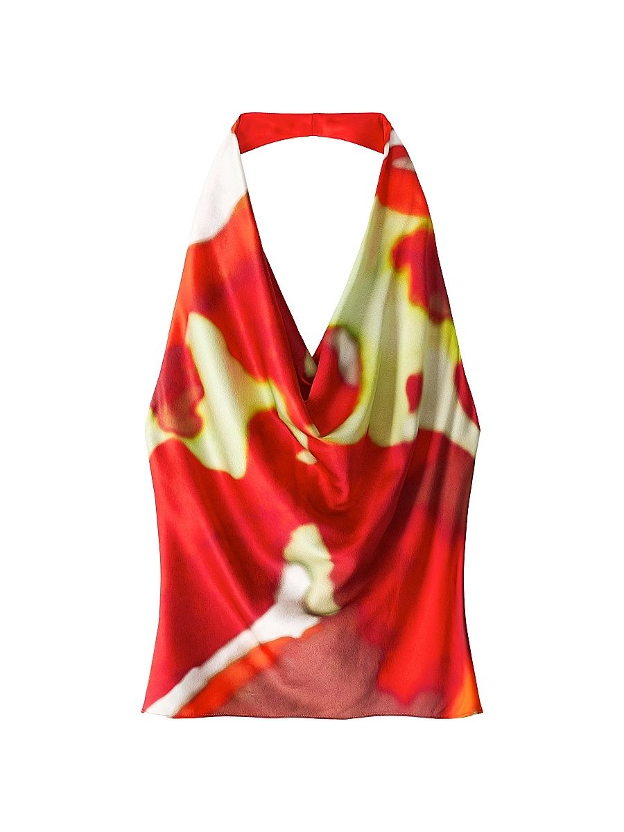 Women's Liora Printed Silk Cowlneck Halter Top - Red Zone - Size XL