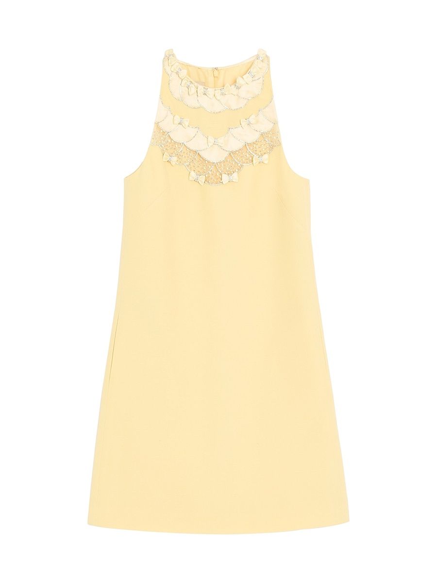 Women's Embroidered Crepe Couture Short Dress - Yellow - Size 2