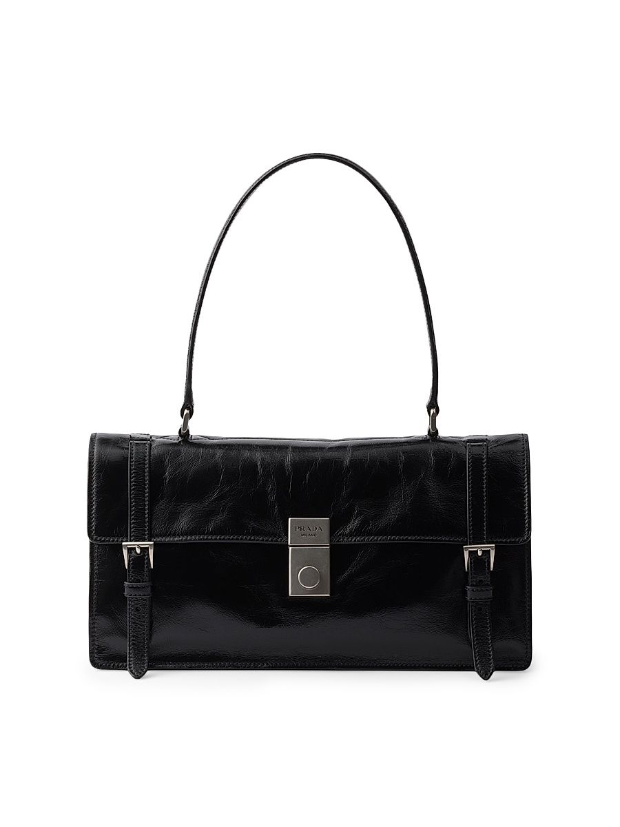 Women's Medium Buckle Flap Leather Shoulder Bag - Black