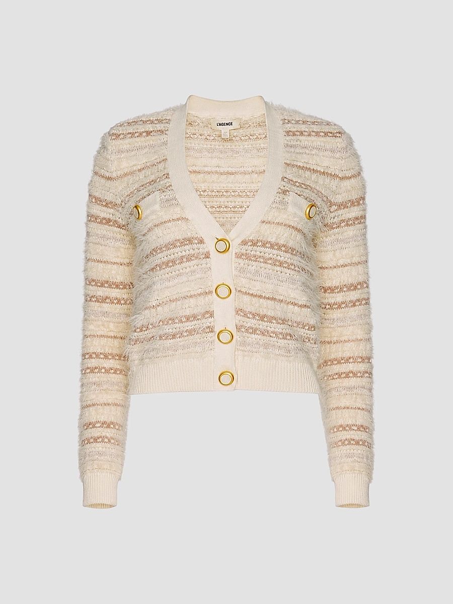 L'AGENCE Women's Ariadne Striped V-Neck Cardigan - Ecru Natural Multi - Size XL