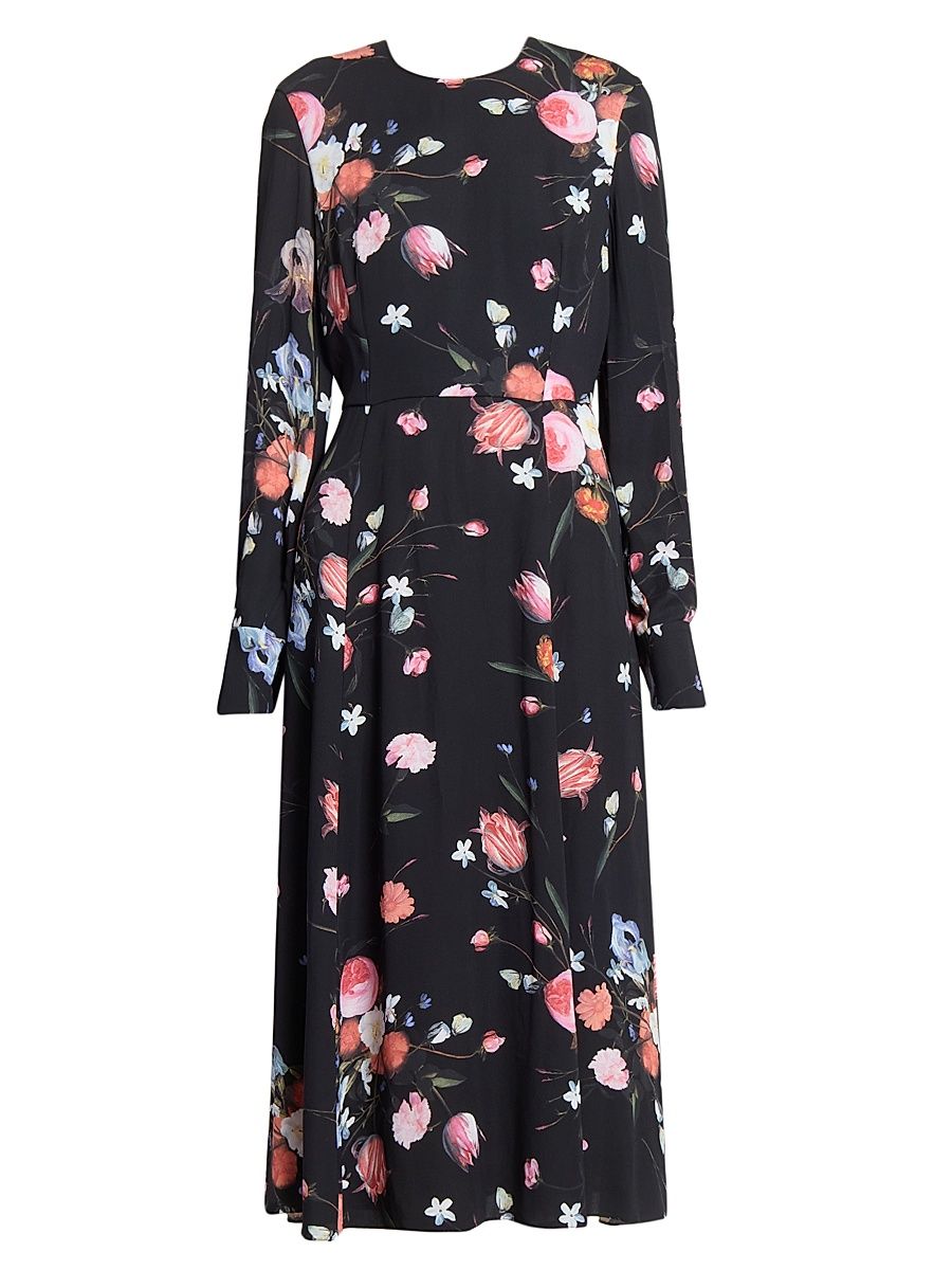 Women's Dutch Flower Midi-Dress - Dutch Flower Painting Black - Size 10