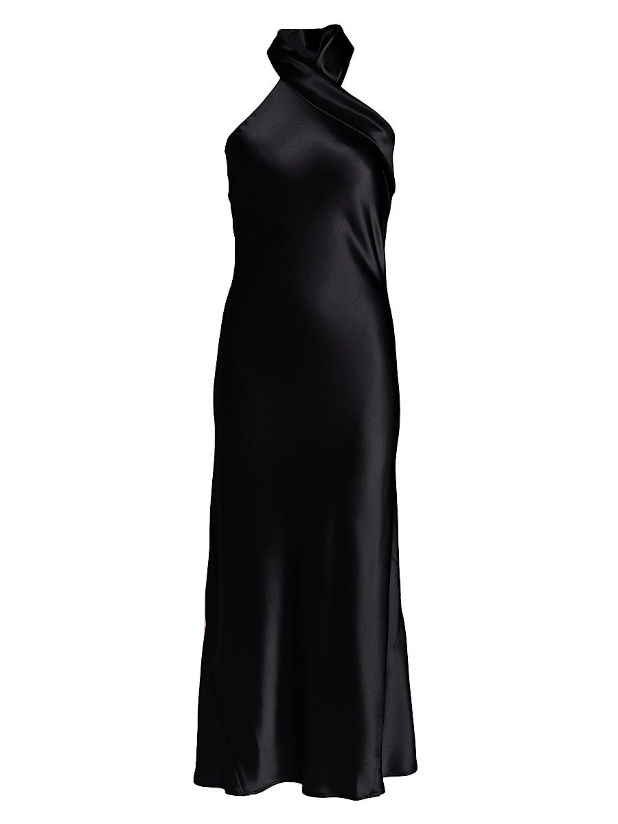 Women's Pandora Satin Halterneck Midi-Dress - Black - Size 12