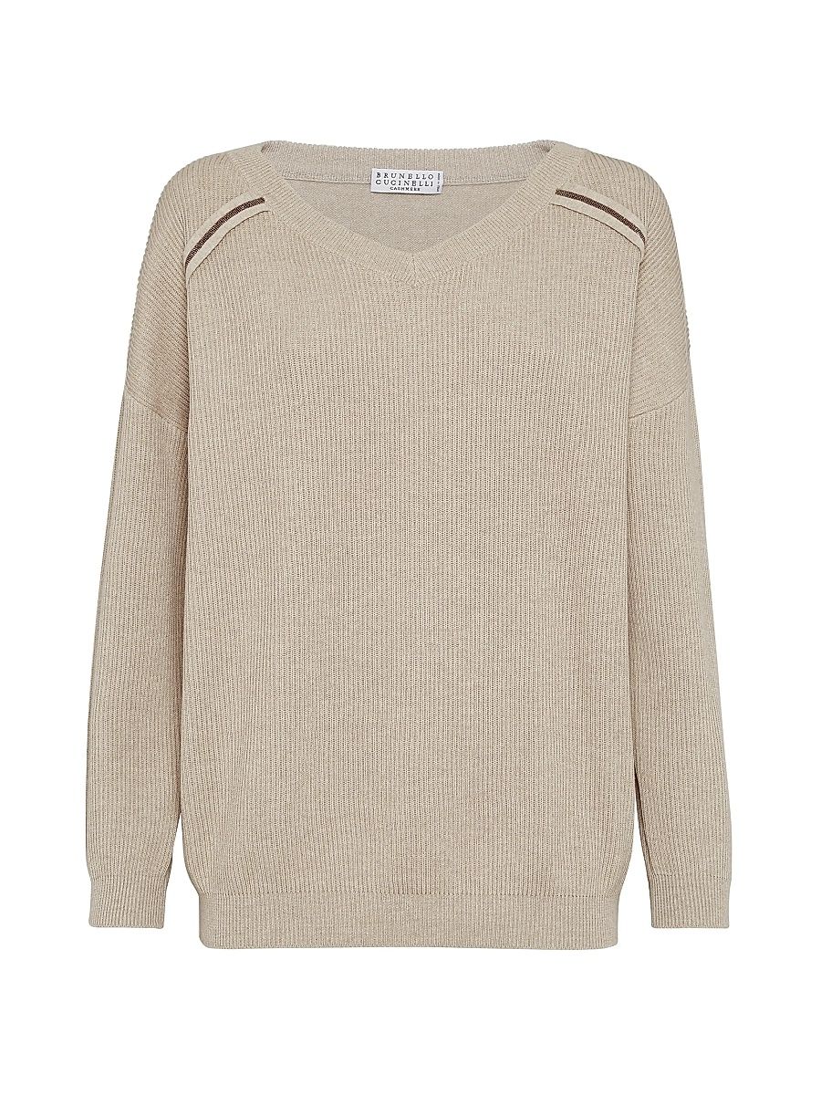Women's Cotton English Rib Sweater With Shiny Stripes - Beige - Size XXS