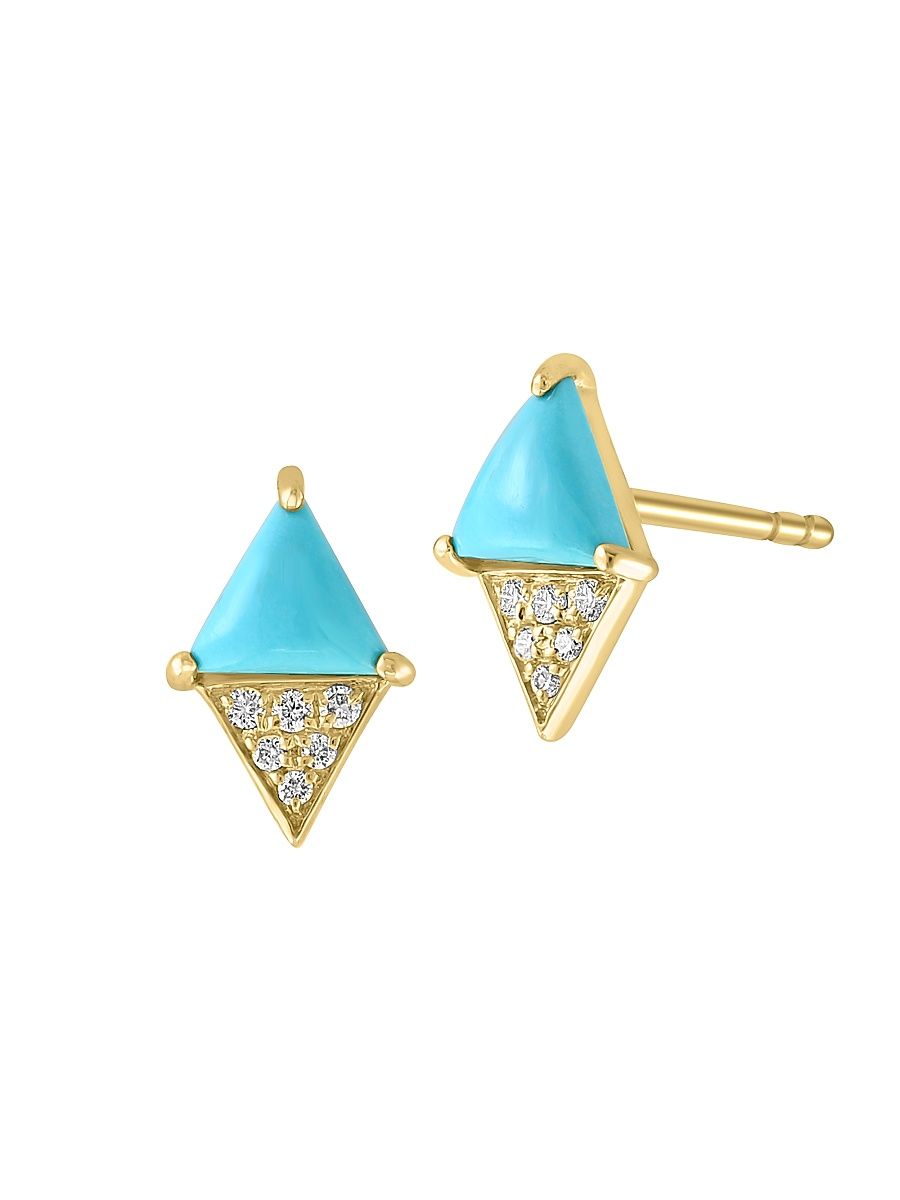 Women's 14K Yellow Gold, Turquoise, & 0.06 TCW Diamond Stud Earrings - Blue