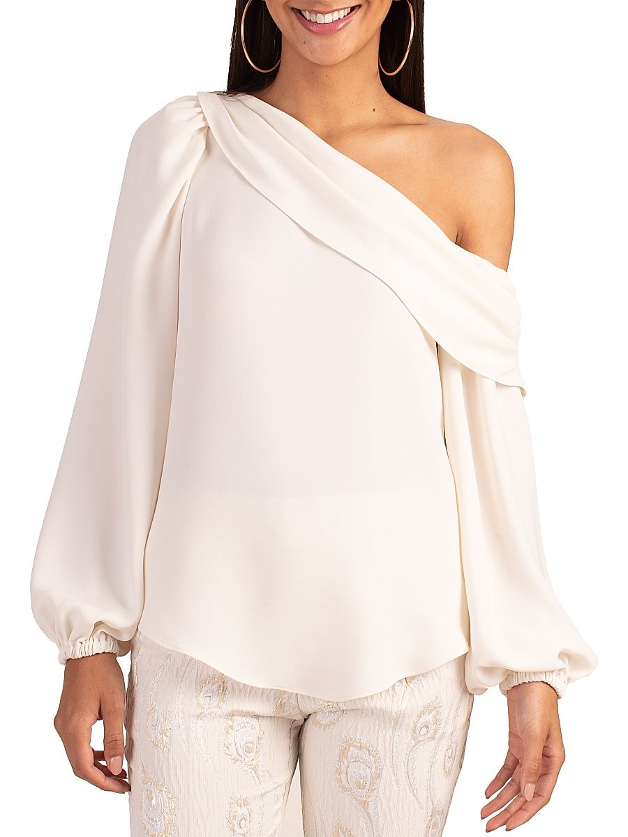 Women's Astronomical Asymmetric Balloon-Sleeve Top - Winter White - Size Medium