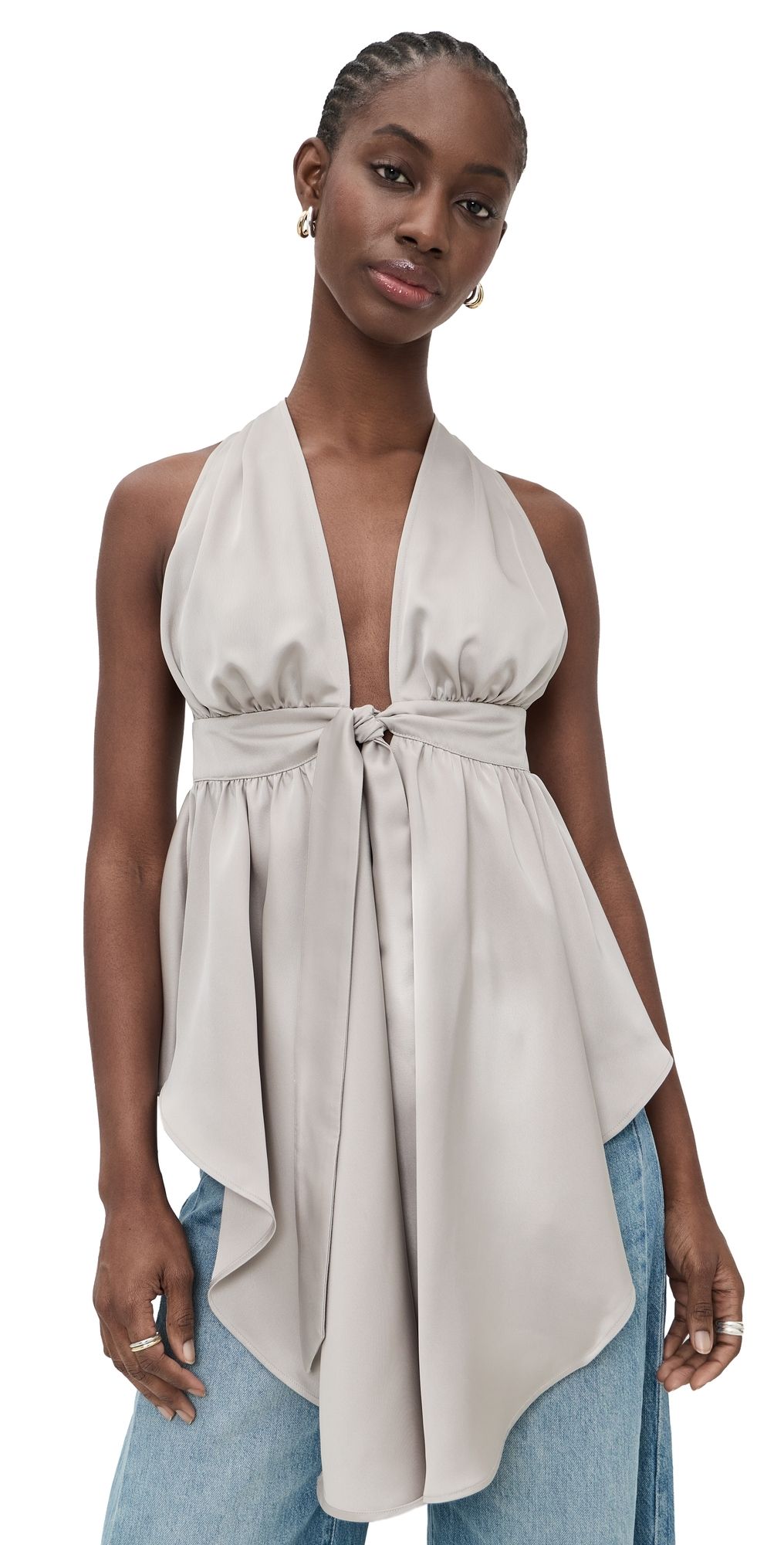 Susana Monaco Satin Peplum High Low Top Sandstone L