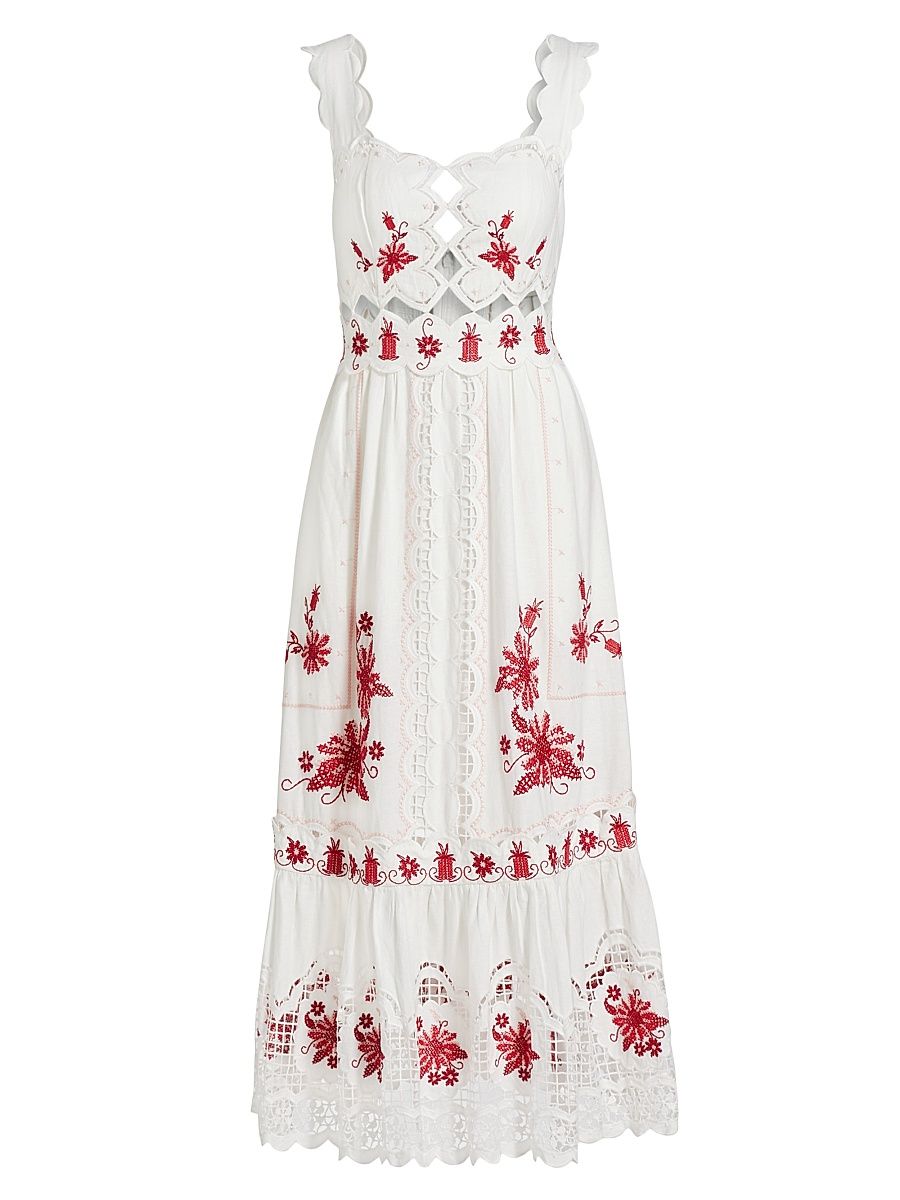 Women's Richelieu Sunflower Linen-Blend Midi-Dress - Off White - Size Large