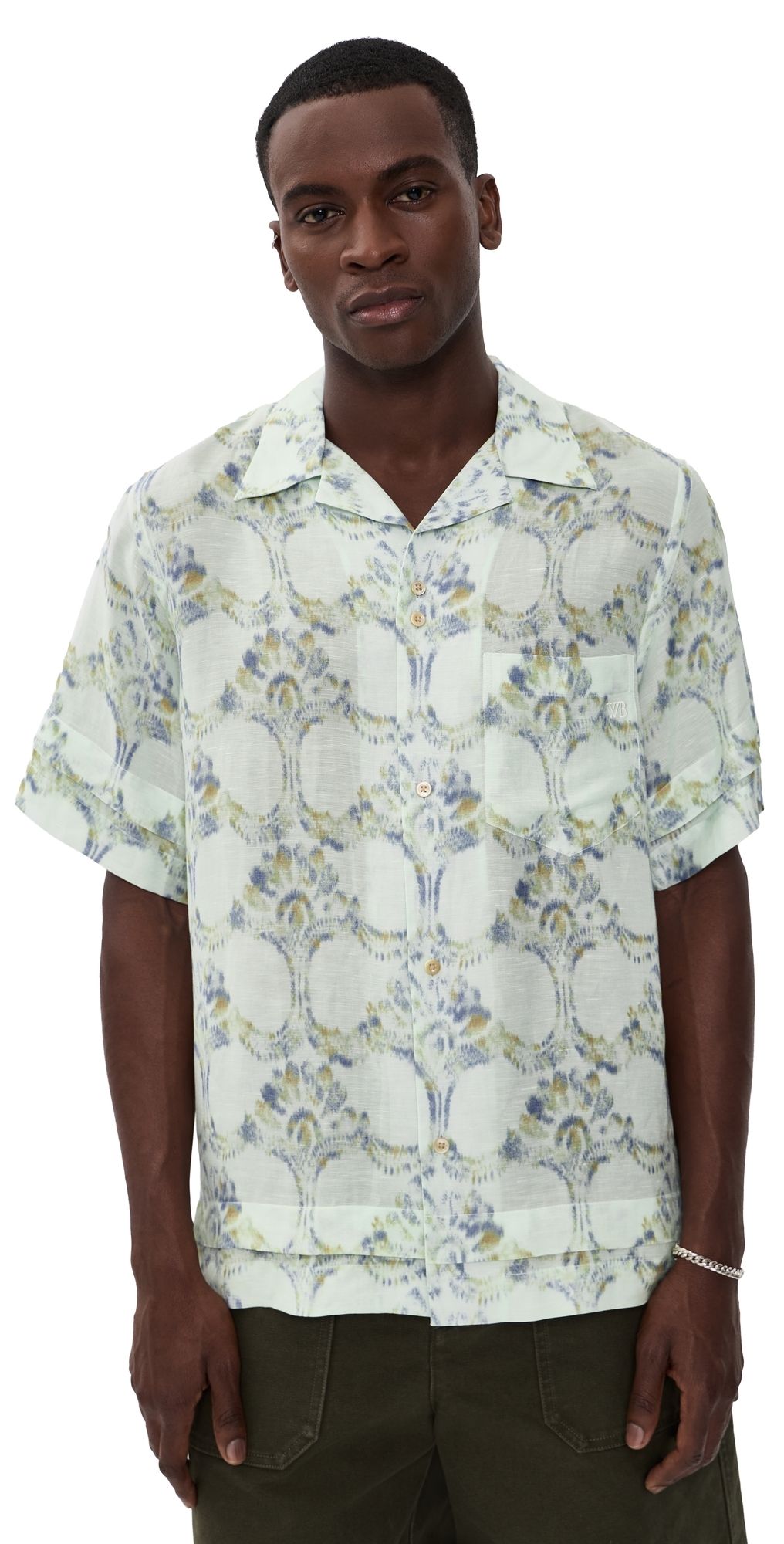 Wales Bonner Lotus Bowling Shirt Pale Teal/Olive/Lavender 46