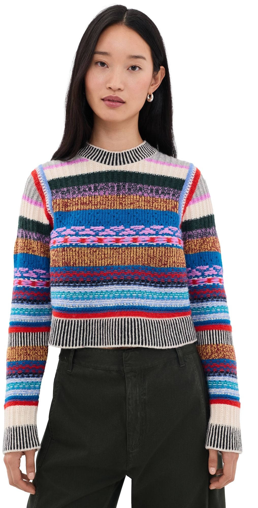MOTHER The Extra Crop Sweater Red Ivory Blue Multi Stripe XL