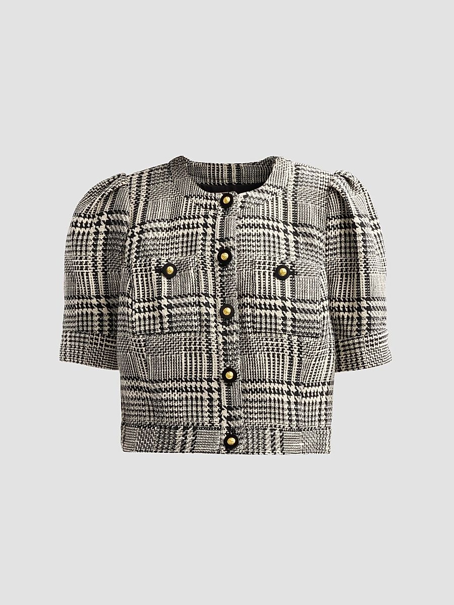 Women's Allegra Short-Sleeve Cropped Jacket - Black White Glen Plaid - Size 14
