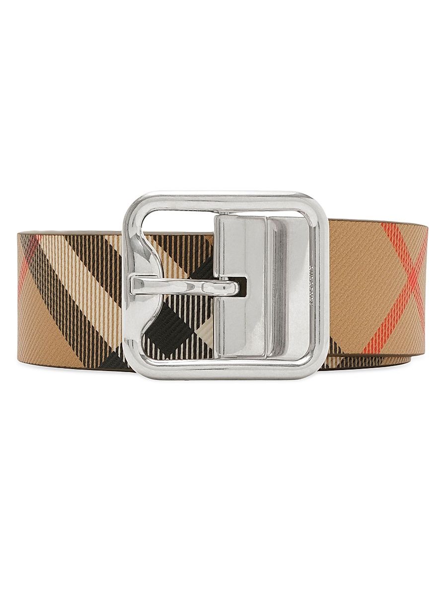 Men's Reversible Check Leather Belt - Sand Military Silver - Size 36