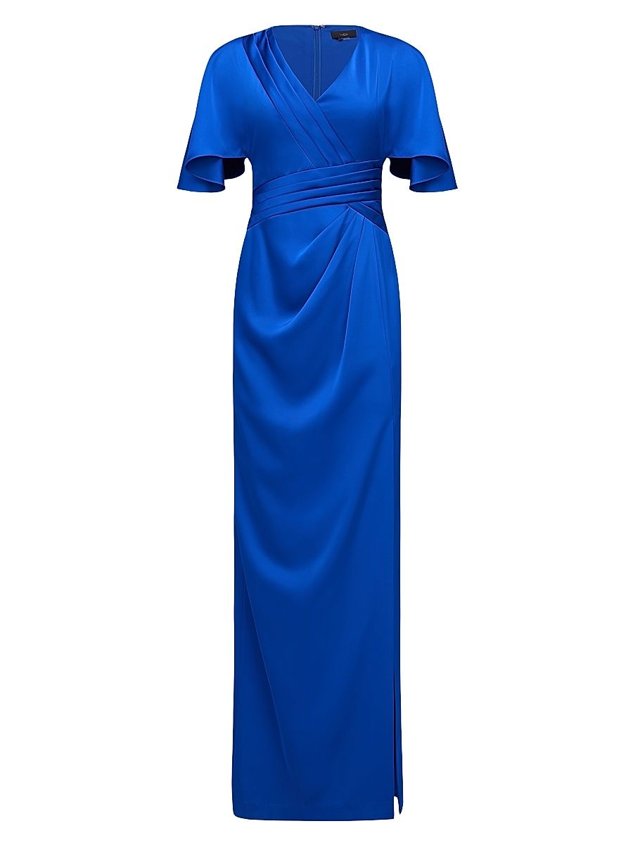 Women's Shea Satin Pleated Flutter-Sleeve Gown - Sapphire - Size 8