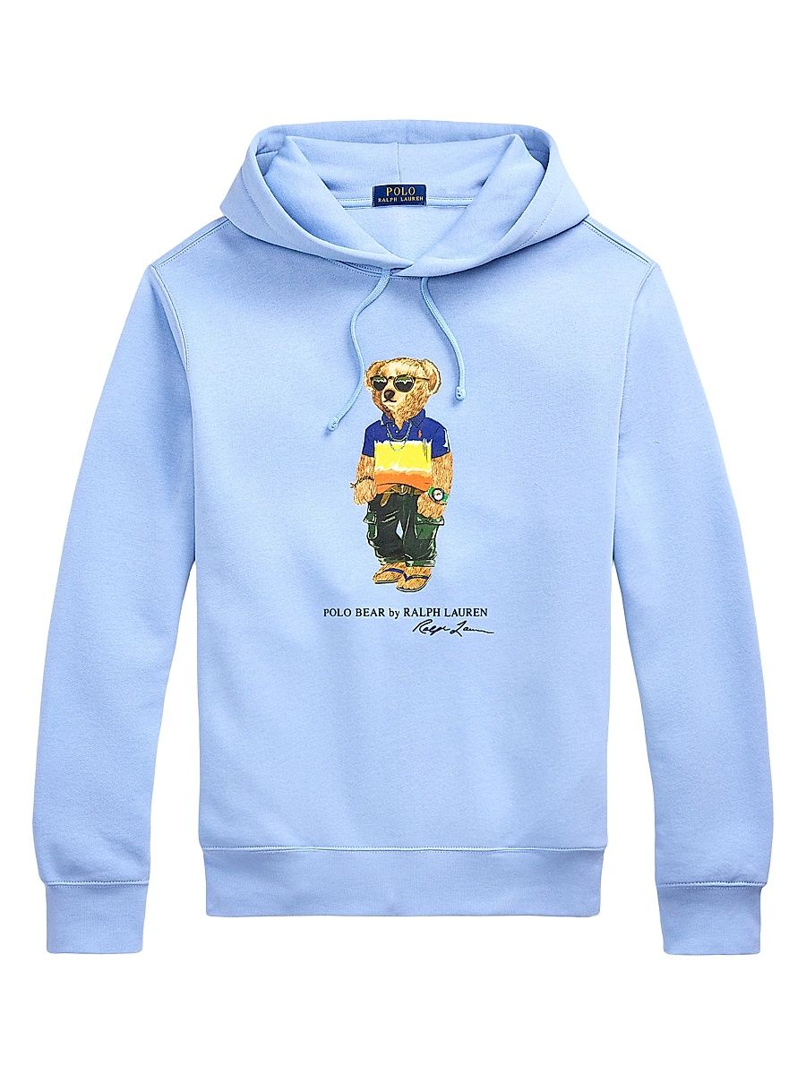 Men's Polo Bear Fleece Hoodie - Chambray Blue Beach Ship Bear - Size Medium