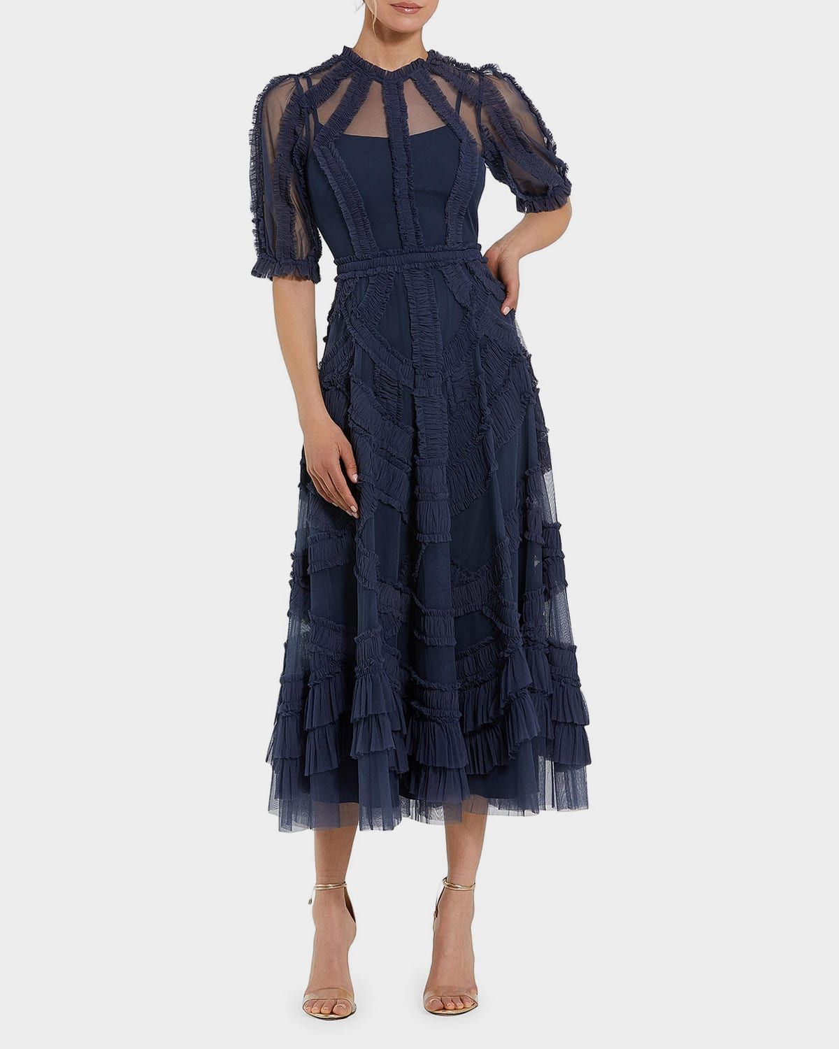 High-Neck Gathered Tulle Midi-Dress