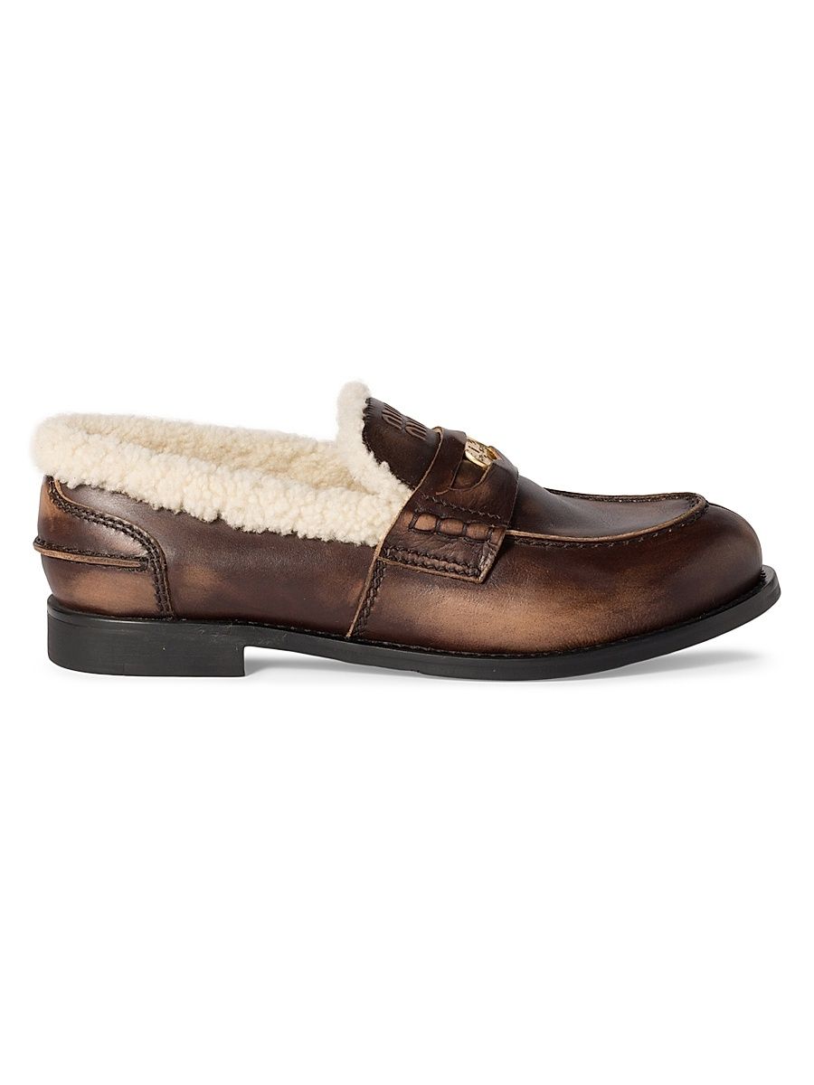 Women's Bleached Leather and Shearling Penny Loafers - Brown - Size 9.5