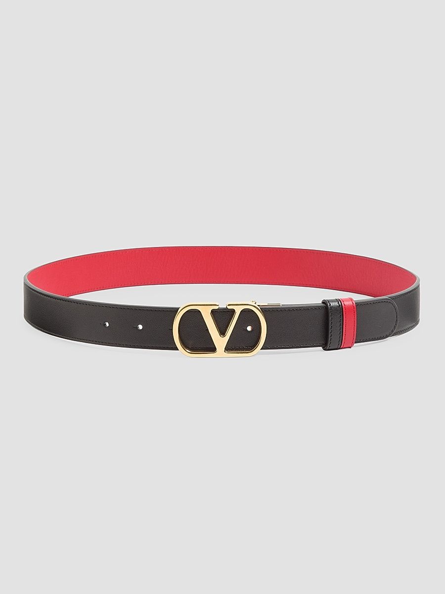 Women's VLogo Signature Reversible Shiny Calfskin Belt - Black Pure Red - Size XS