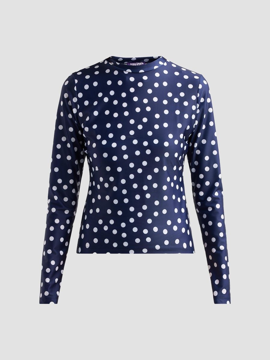 Jean Paul Gaultier Women's Polka Dot Stretch-Jersey Crewneck Top - Navy White - Size XS