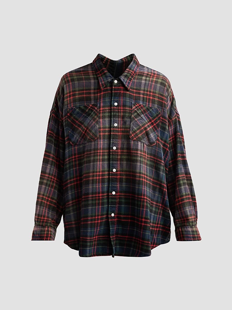 Women's Drop Neck Workshirt - Navy Green Plaid - Size XXS