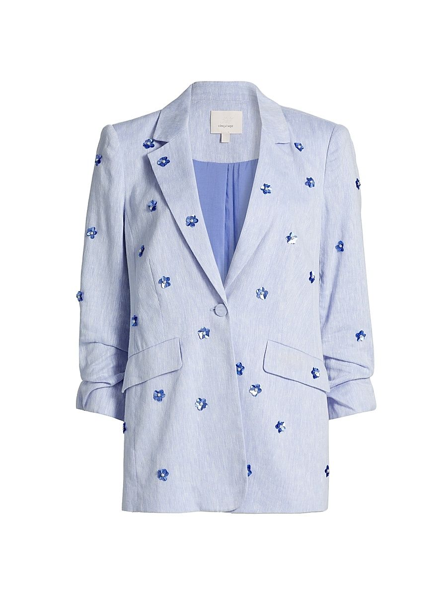 Women's Pearl Ditsy Kylie Linen-Cotton Single-Breasted Blazer - Blue Hydrangea - Size 16