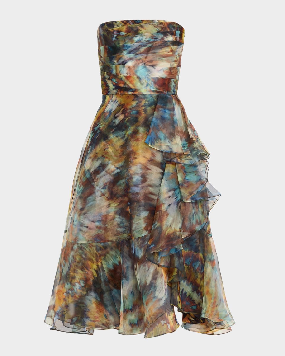Evanthe Strapless Abstract-Print Organza Midi Dress