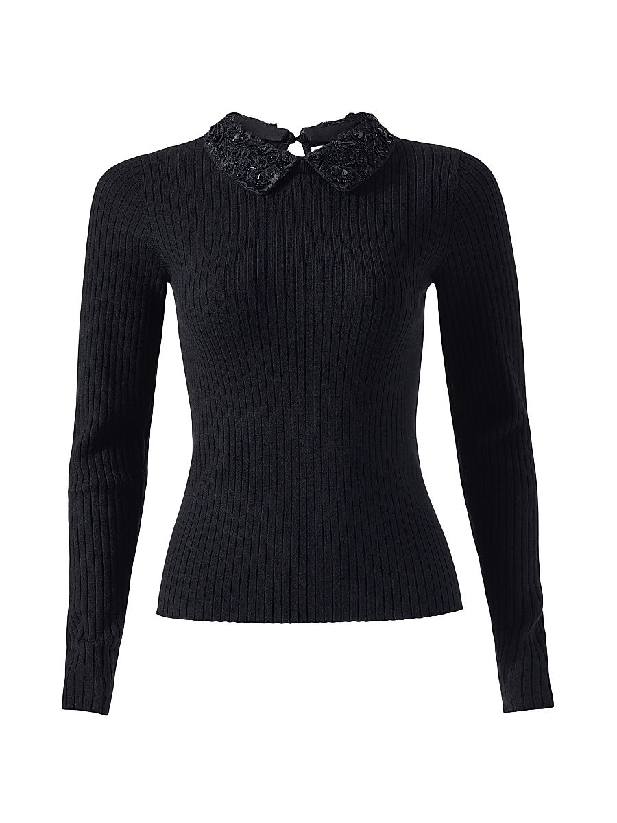 Women's Ribbed Wool Long-Sleeve Sweater - Black - Size Small