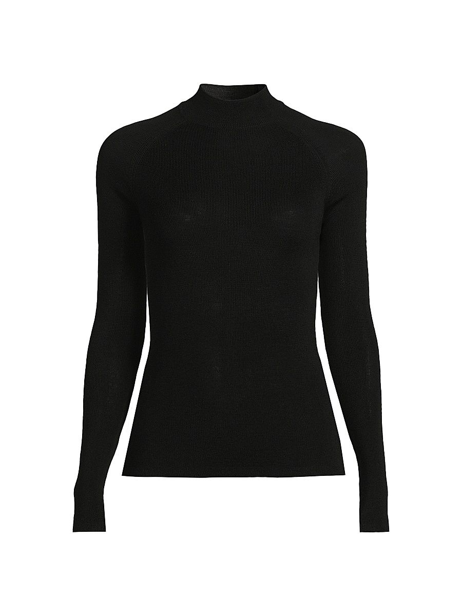 Women's Merino Wool-Silk Knit Long-Sleeve Sweater - Noir - Size XS