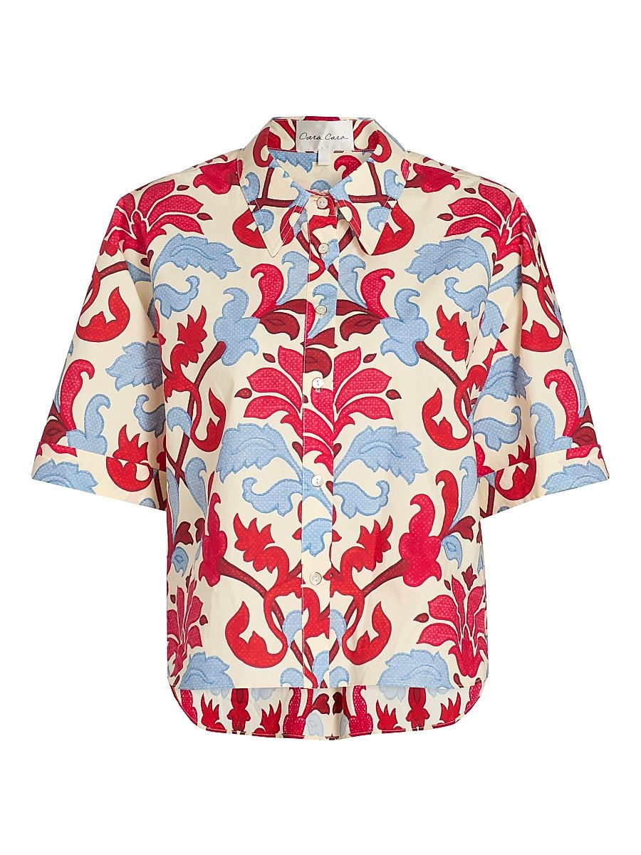 Women's Calvia Floral Cotton Poplin Oversized Shirt - Fluer Crest Ivory - Size XL