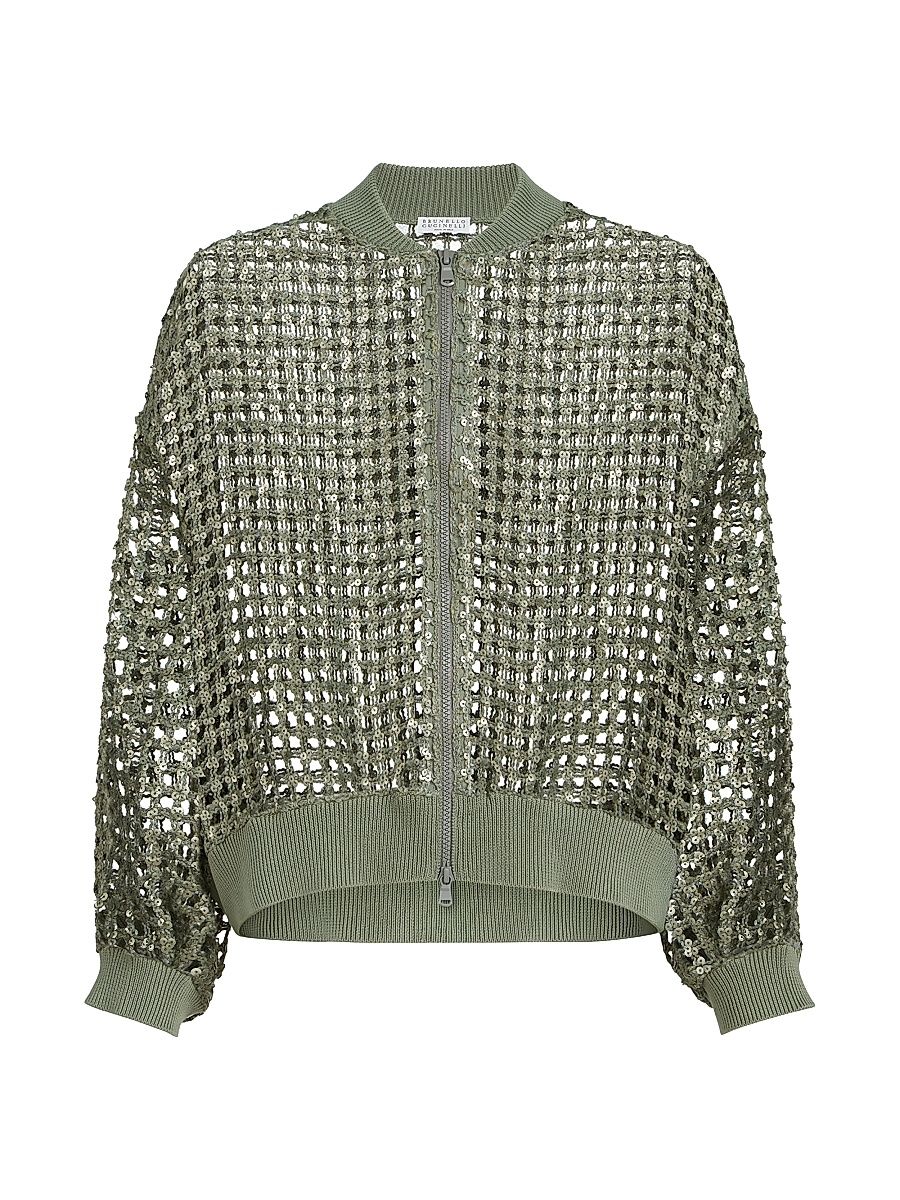 Women's Dazzling Net Embroidery Cardigan in Silk and Linen - Green - Size XS