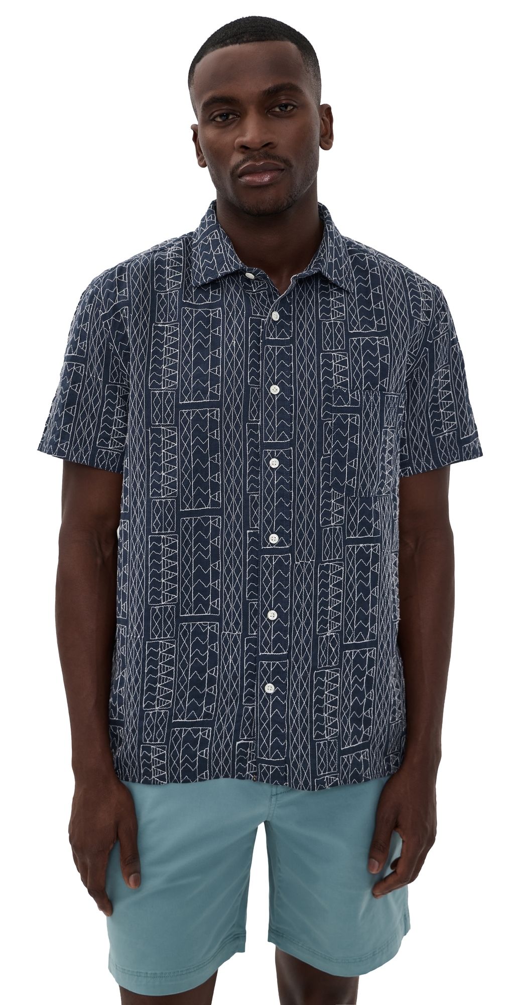 Billy Reid Short Sleeve Geo Stitch Shirt Carbon Blue XL